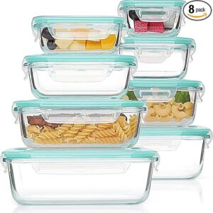 Vtopmart 8 Pack Glass Food Storage Containers , Meal Prep , Airtight Bento Boxes with Leak Proof Locking Lids, for Microwave, Oven, Freezer and Dishwasher, BPA Free