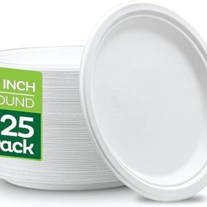 100% Compostable 9 Inch Heavy-Duty [125-Pack] Eco-Friendly Disposable White Bagasse Plate, Made of Natural Sugarcane Fibers - 9" Biodegradable Paper Plates by Stack Man